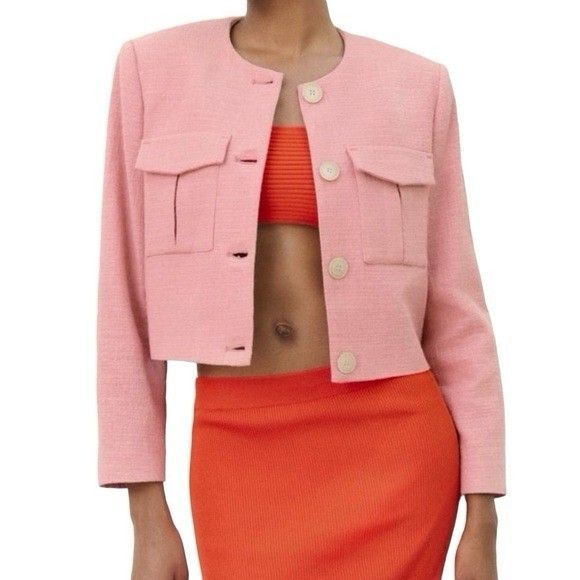 NWT ZARA Cropped Blazer Jacket M Pastel Pink Textured Button Coquette Preppy - Picture 1 of 10